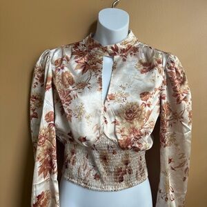 Guess Cream and Brown Floral Mock Neck Blouse Size Medium